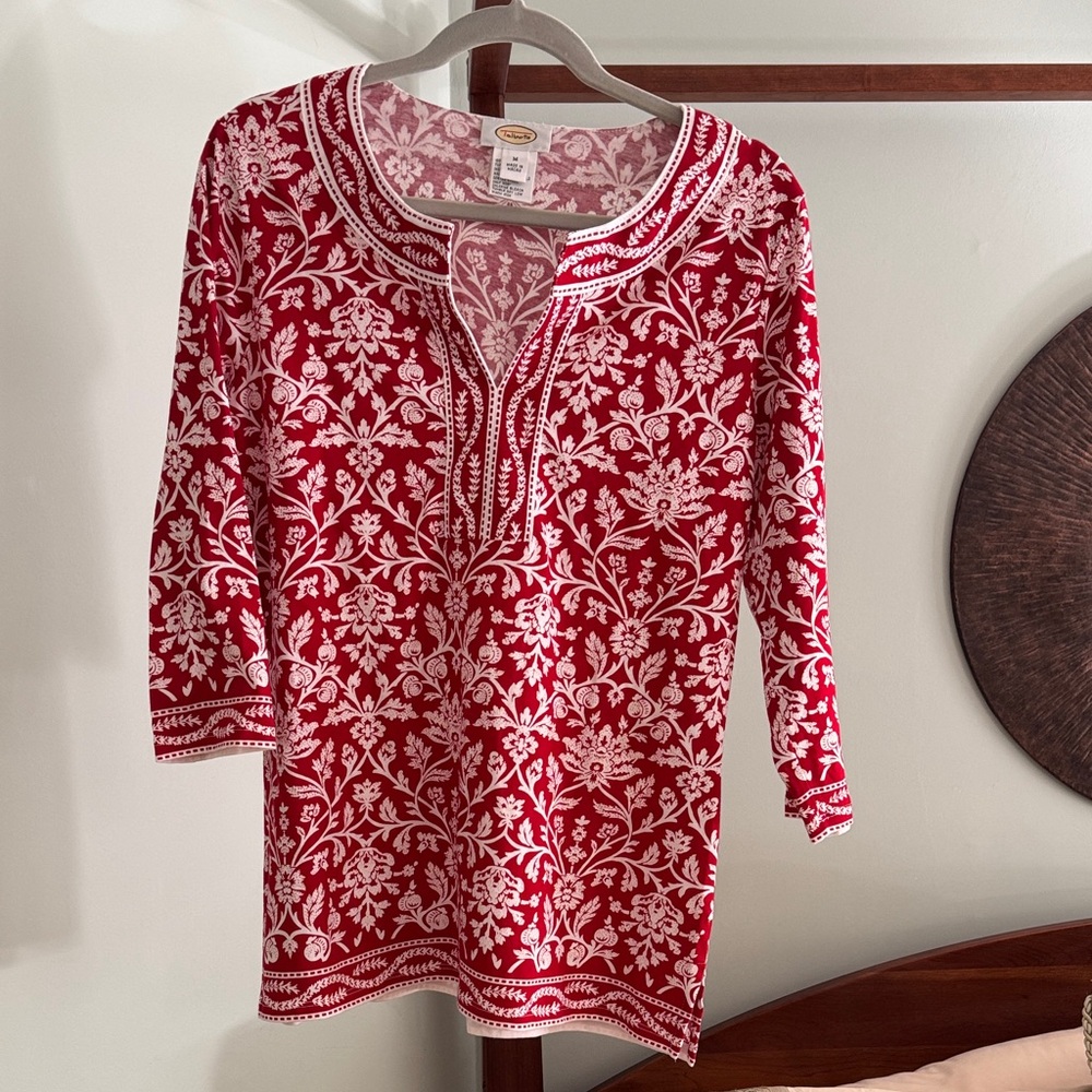 Talbots Vibrant Red Tunic with White Floral Design